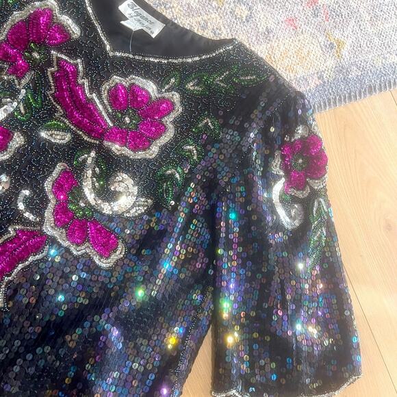 Vintage Elegance by Anujan sime medium Sequin woman's Floral Design blouse - Picture 7 of 14